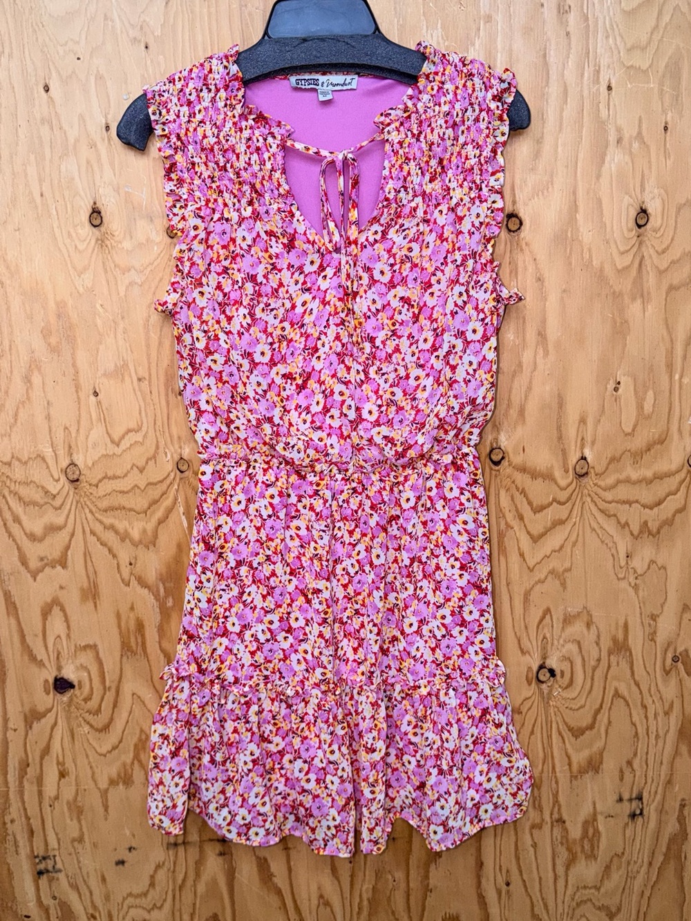 Gypsies & Moondust Pink Floral A-Line Dress V-Neck Boho Summer M